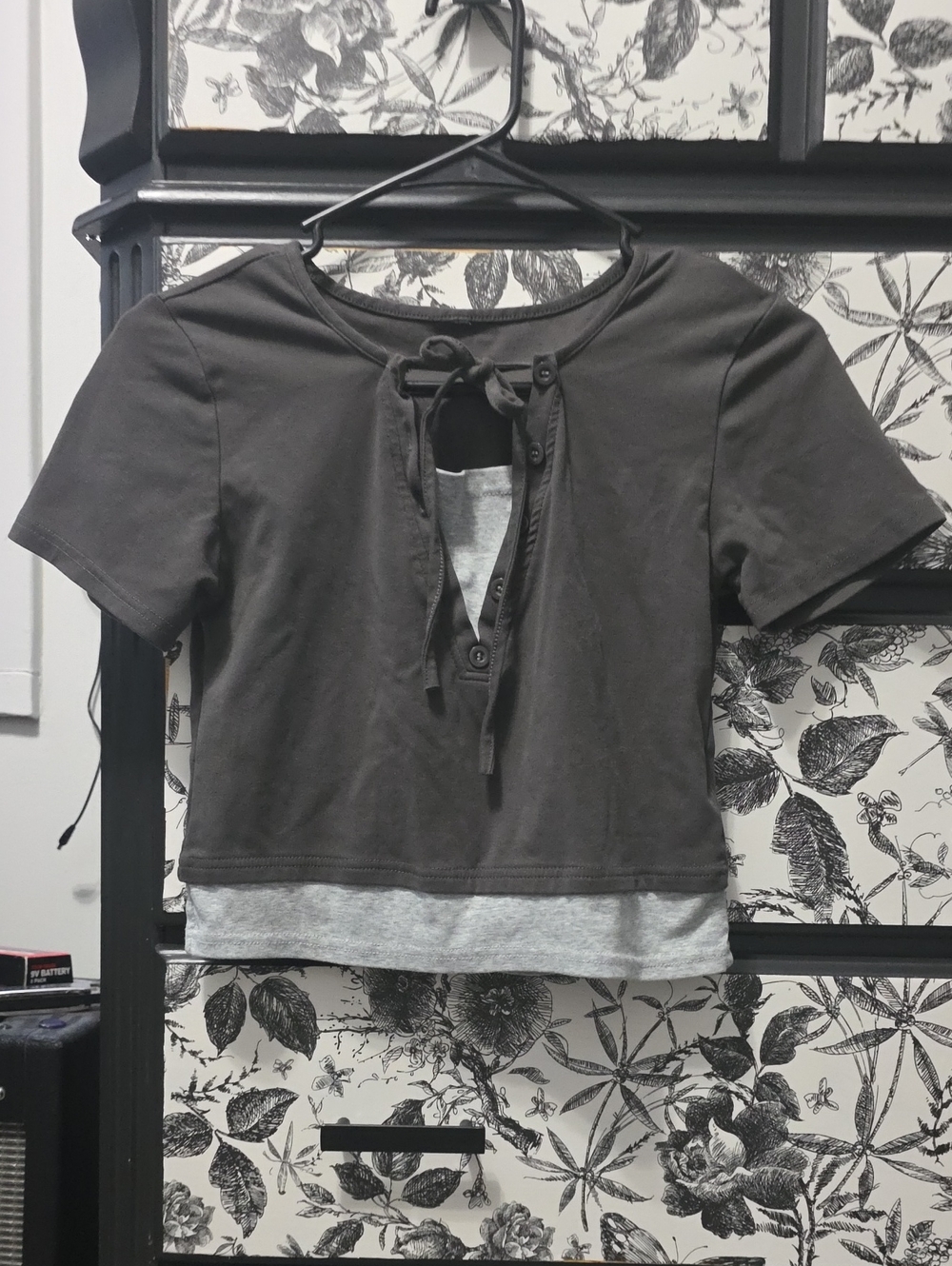 Layered Tie-Front Crop Top in Charcoal Gray